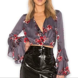 Lovers + Friends Floral V-Neck Blouse - Gray w Red flowers bell Flared sleeves